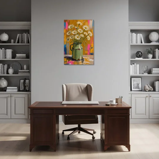 Retro Daisies in a Chipped Milk Jug for the Kitchen - Canvas Wall Art - Office - 24x36