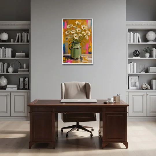 Retro Daisies in a Chipped Milk Jug for the Kitchen - White Framed Canvas Wall Art - Office - 24x36