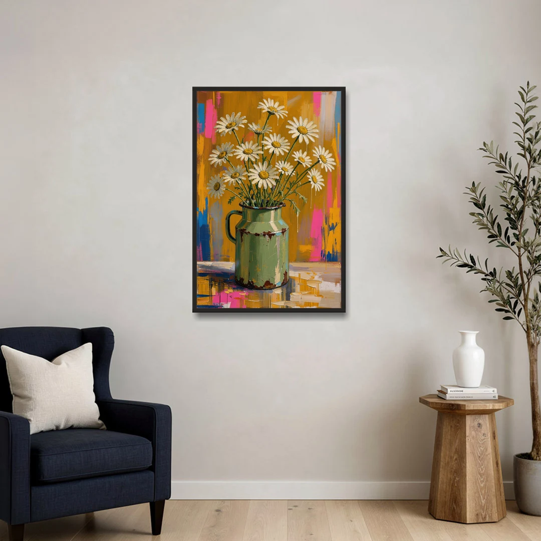 Retro Daisies in a Chipped Milk Jug for the Kitchen - Black Framed Canvas Wall Art - Sofa - 24x36
