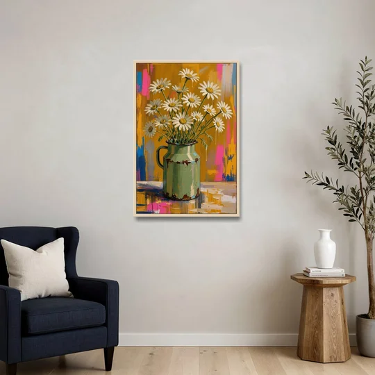Retro Daisies in a Chipped Milk Jug for the Kitchen - Oak Framed Canvas Wall Art - Sofa - 24x36