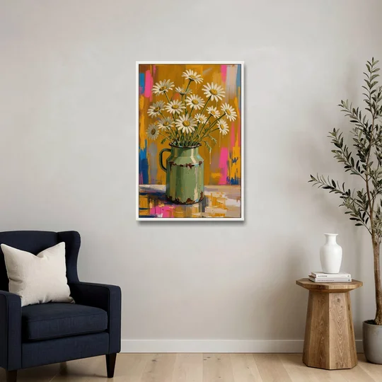 Retro Daisies in a Chipped Milk Jug for the Kitchen - White Framed Canvas Wall Art - Sofa - 24x36