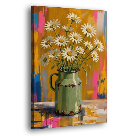 Retro Daisies in a Chipped Milk Jug for the Kitchen - Canvas Wall Art - Side
