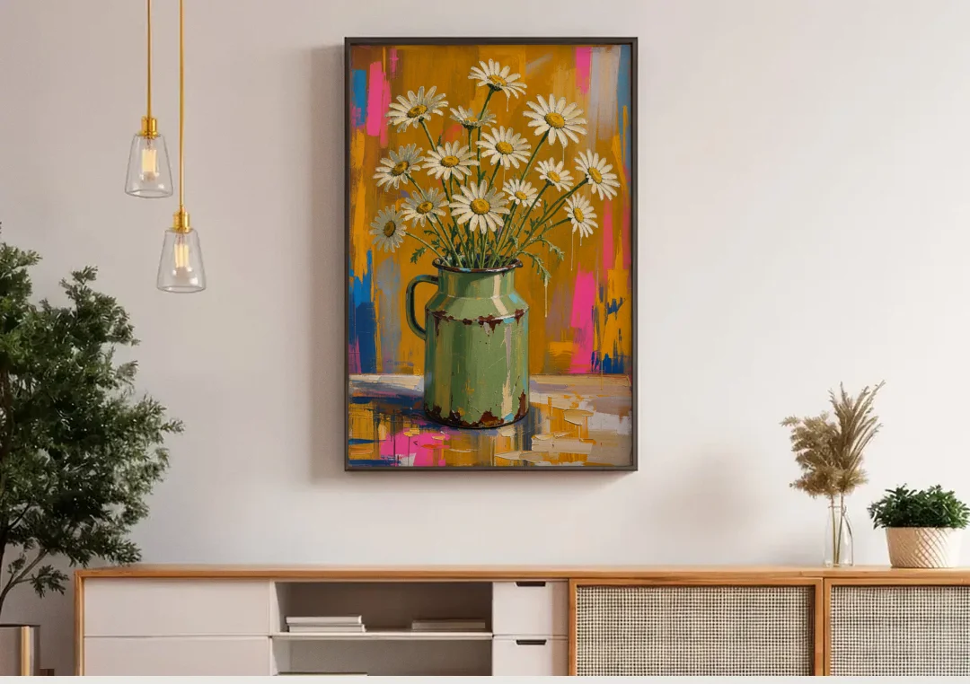 Retro Daisies in a Chipped Milk Jug for the Kitchen canvas wall art above a wooden sideboard under pendant lights