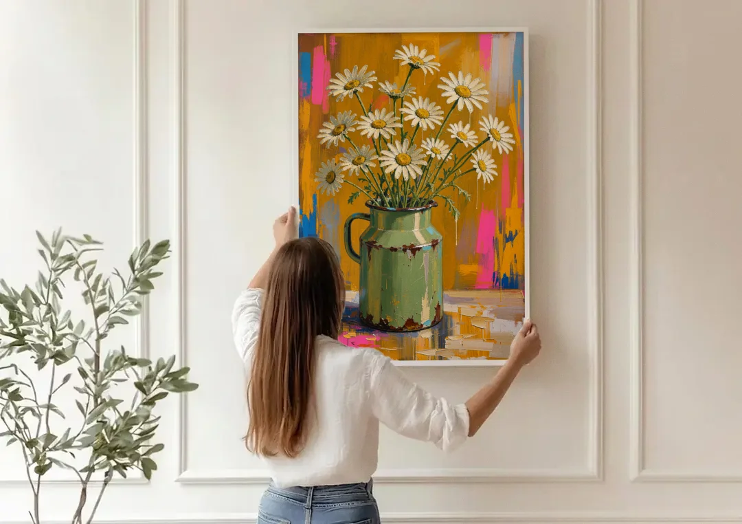 Retro Daisies in a Chipped Milk Jug for the Kitchen canvas wall art being hung on a paneled wall
