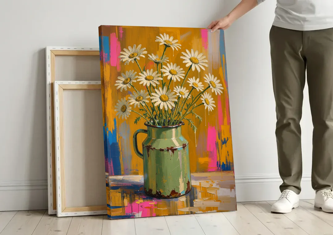 Retro Daisies in a Chipped Milk Jug for the Kitchen canvas wall art leaning against a wall next to blank canvases