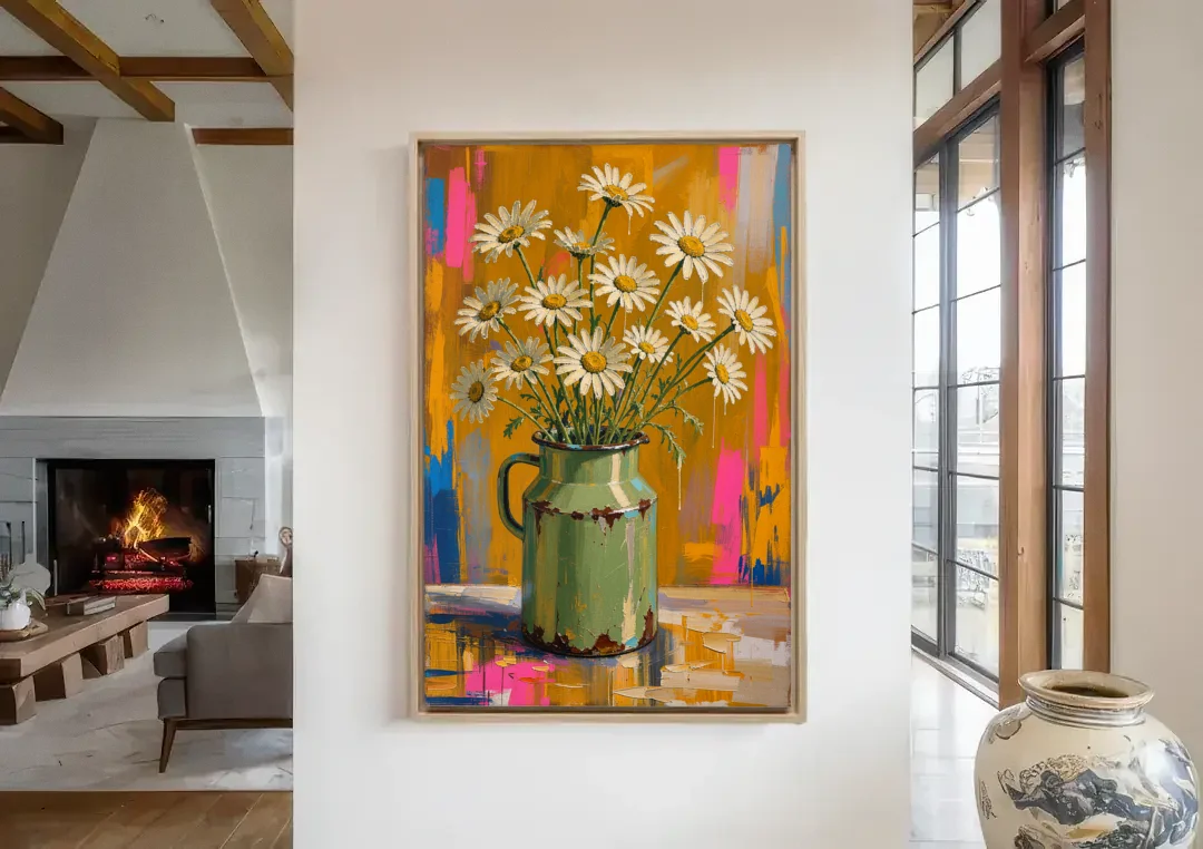 Retro Daisies in a Chipped Milk Jug for the Kitchen canvas wall art in a living room with a fireplace
