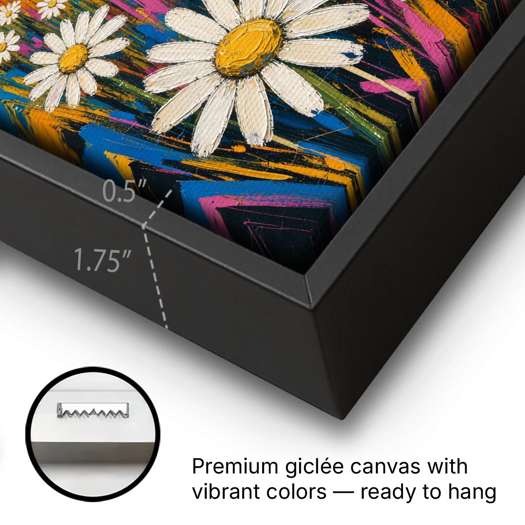 Retro Daisy Hills Under a Striped Sun for Living Rooms - Black Framed Canvas Wall Art - Gallery Wrap Corner