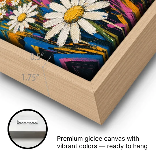 Retro Daisy Hills Under a Striped Sun for Living Rooms - Oak Framed Canvas Wall Art - Gallery Wrap Corner