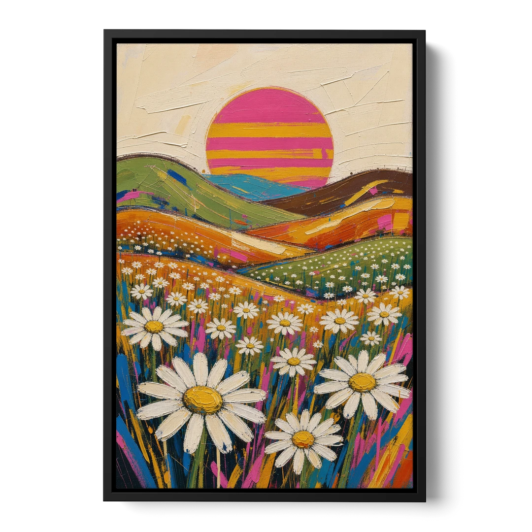 Retro Daisy Hills Under a Striped Sun for Living Rooms - Black Framed Canvas Wall Art - Front