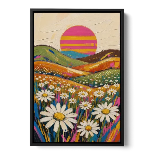 Retro Daisy Hills Under a Striped Sun for Living Rooms - Black Framed Canvas Wall Art - Front
