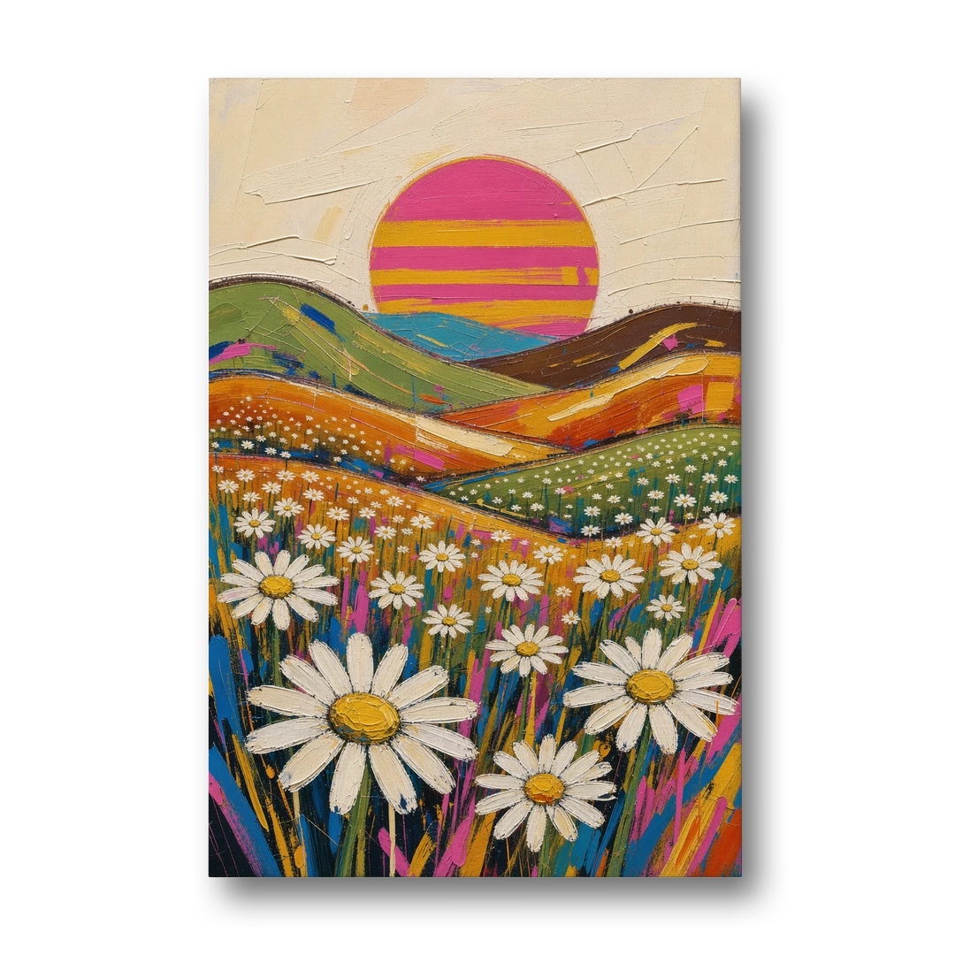 Retro Daisy Hills Under a Striped Sun for Living Rooms - Canvas Wall Art - Front