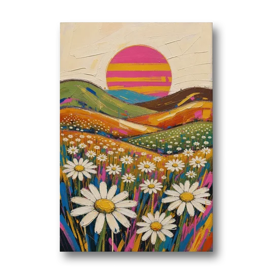 Retro Daisy Hills Under a Striped Sun for Living Rooms - Canvas Wall Art - Front