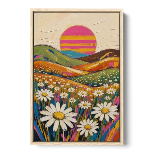 Retro Daisy Hills Under a Striped Sun for Living Rooms - Oak Framed Canvas Wall Art - Front