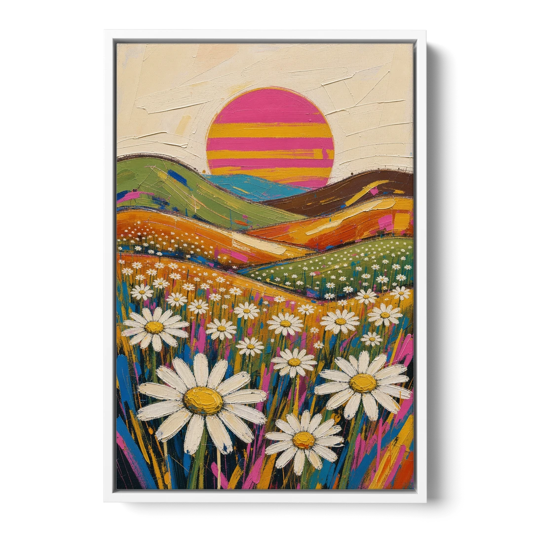 Retro Daisy Hills Under a Striped Sun for Living Rooms - White Framed Canvas Wall Art - Front