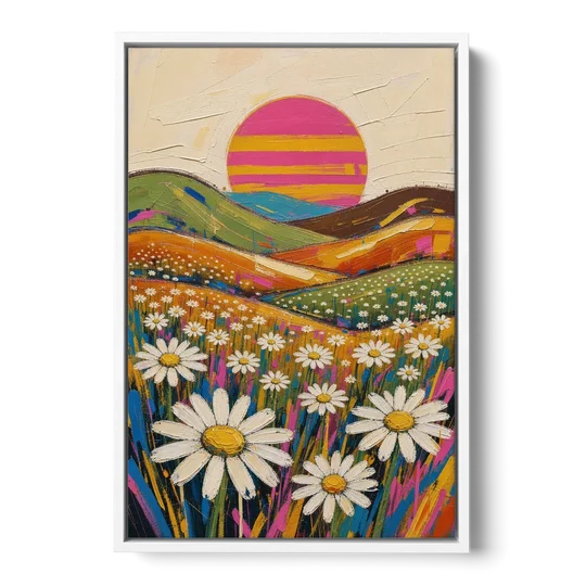 Retro Daisy Hills Under a Striped Sun for Living Rooms - White Framed Canvas Wall Art - Front