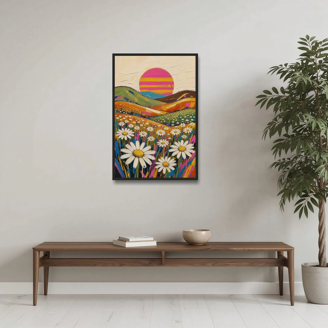 Retro Daisy Hills Under a Striped Sun for Living Rooms - Black Framed Canvas Wall Art - Coffee Table - 24x36