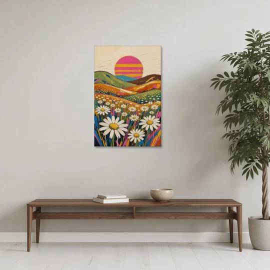 Retro Daisy Hills Under a Striped Sun for Living Rooms - Canvas Wall Art - Coffee Table - 24x36