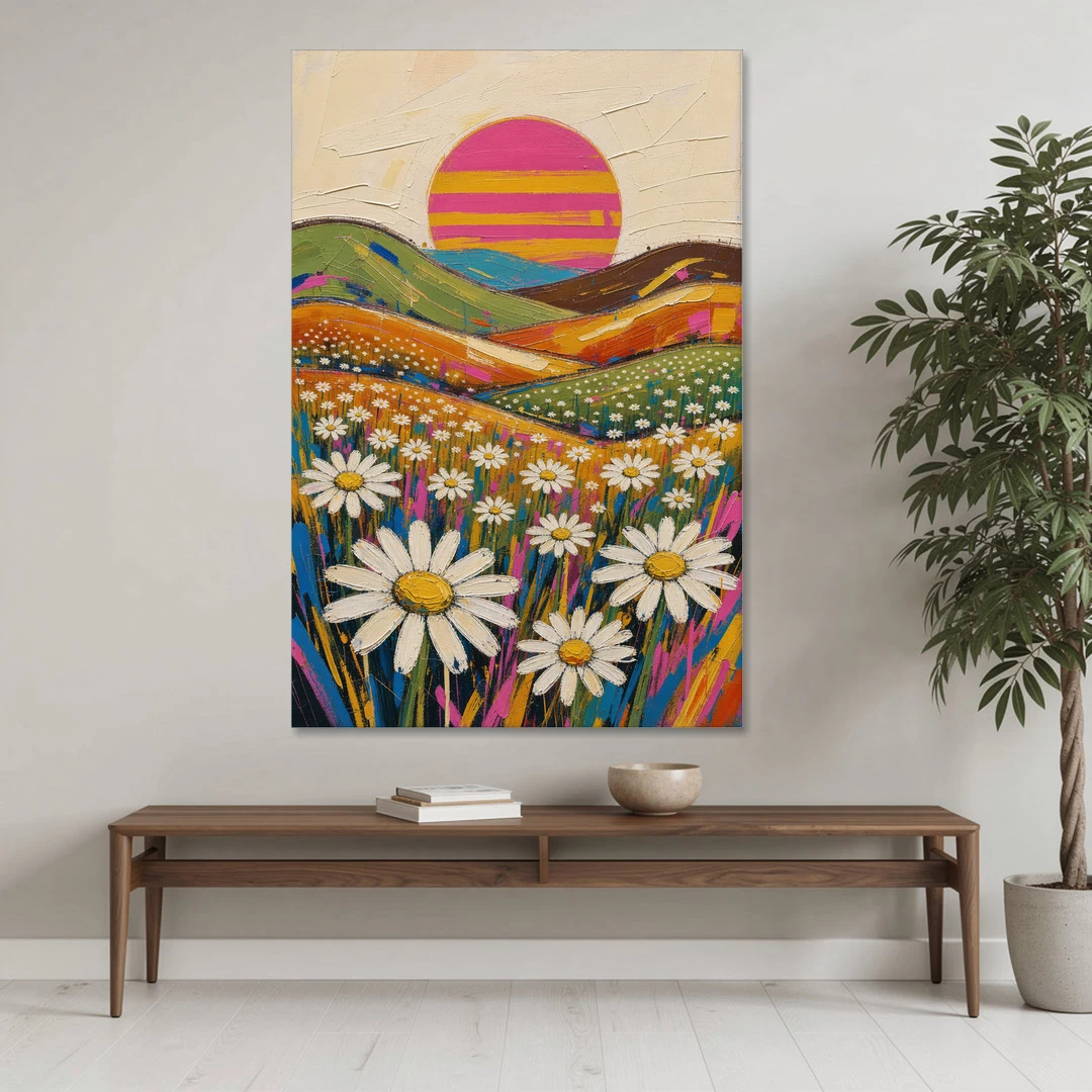 Retro Daisy Hills Under a Striped Sun for Living Rooms - Canvas Wall Art - Coffee Table - 40x60