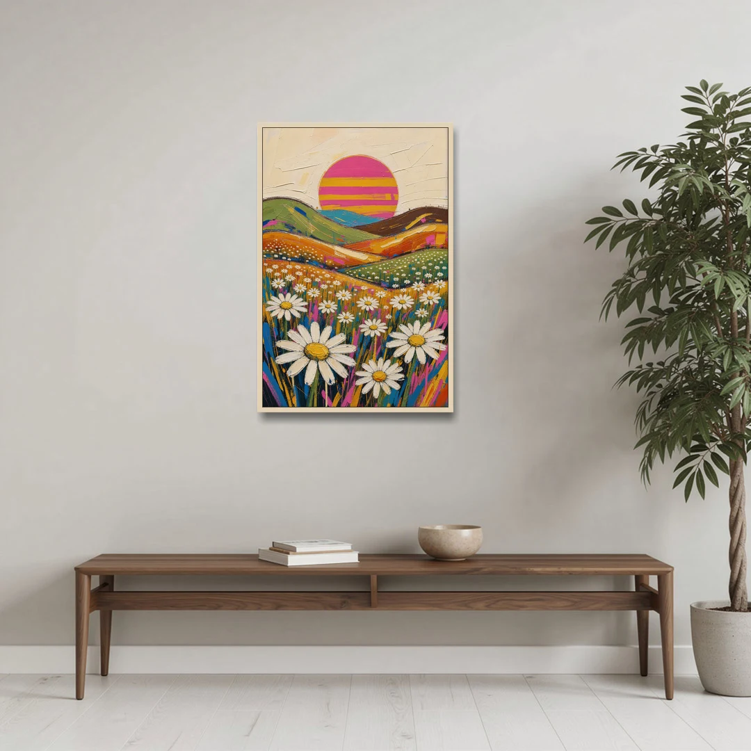Retro Daisy Hills Under a Striped Sun for Living Rooms - Oak Framed Canvas Wall Art - Coffee Table - 24x36