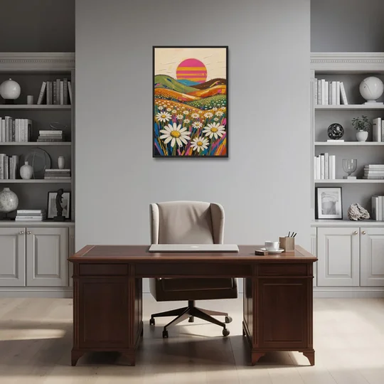 Retro Daisy Hills Under a Striped Sun for Living Rooms - Black Framed Canvas Wall Art - Office - 24x36