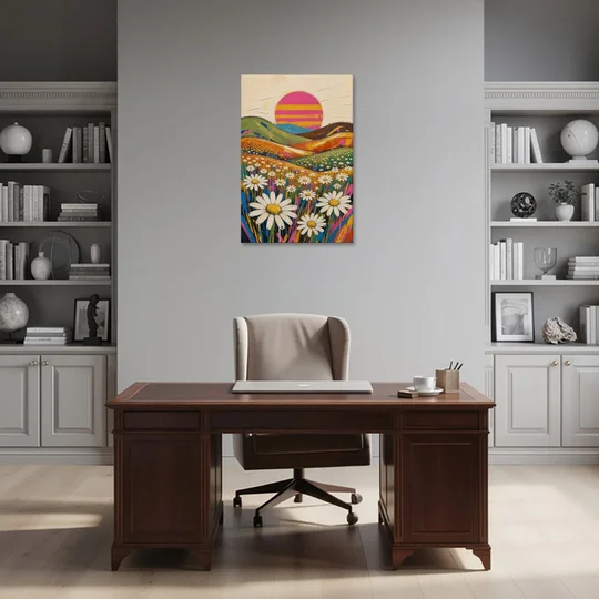 Retro Daisy Hills Under a Striped Sun for Living Rooms - Canvas Wall Art - Office - 24x36