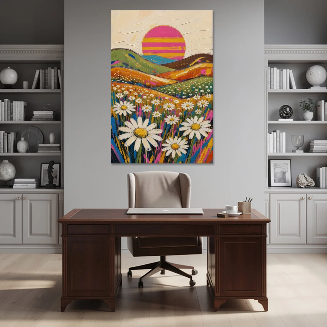 Retro Daisy Hills Under a Striped Sun for Living Rooms - Canvas Wall Art - Office - 40x60