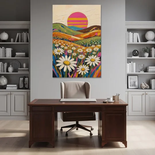 Retro Daisy Hills Under a Striped Sun for Living Rooms - Canvas Wall Art - Office - 40x60