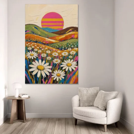Retro Daisy Hills Under a Striped Sun for Living Rooms - Canvas Wall Art - Sofa - 40x60