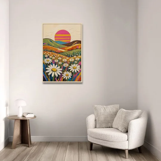 Retro Daisy Hills Under a Striped Sun for Living Rooms - Oak Framed Canvas Wall Art - Sofa - 24x36