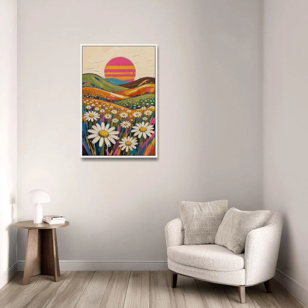 Retro Daisy Hills Under a Striped Sun for Living Rooms - White Framed Canvas Wall Art - Sofa - 24x36