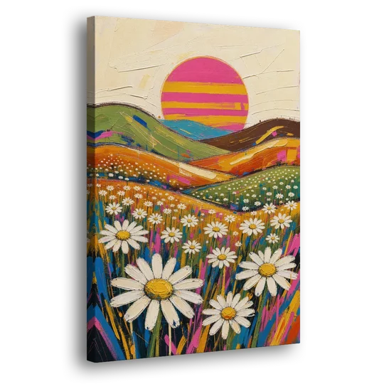 Retro Daisy Hills Under a Striped Sun for Living Rooms - Canvas Wall Art - Side