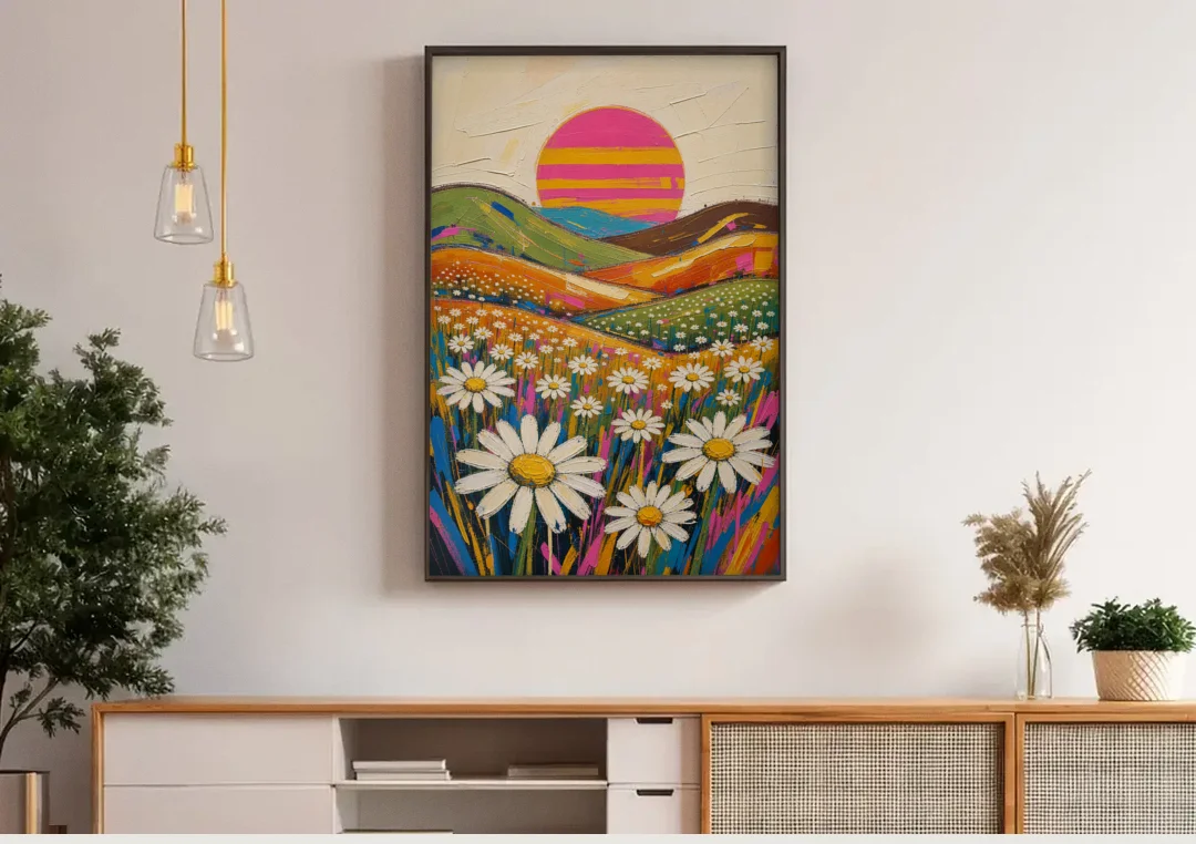Retro Daisy Hills Under a Striped Sun for Living Rooms canvas wall art above a wooden sideboard under pendant lights