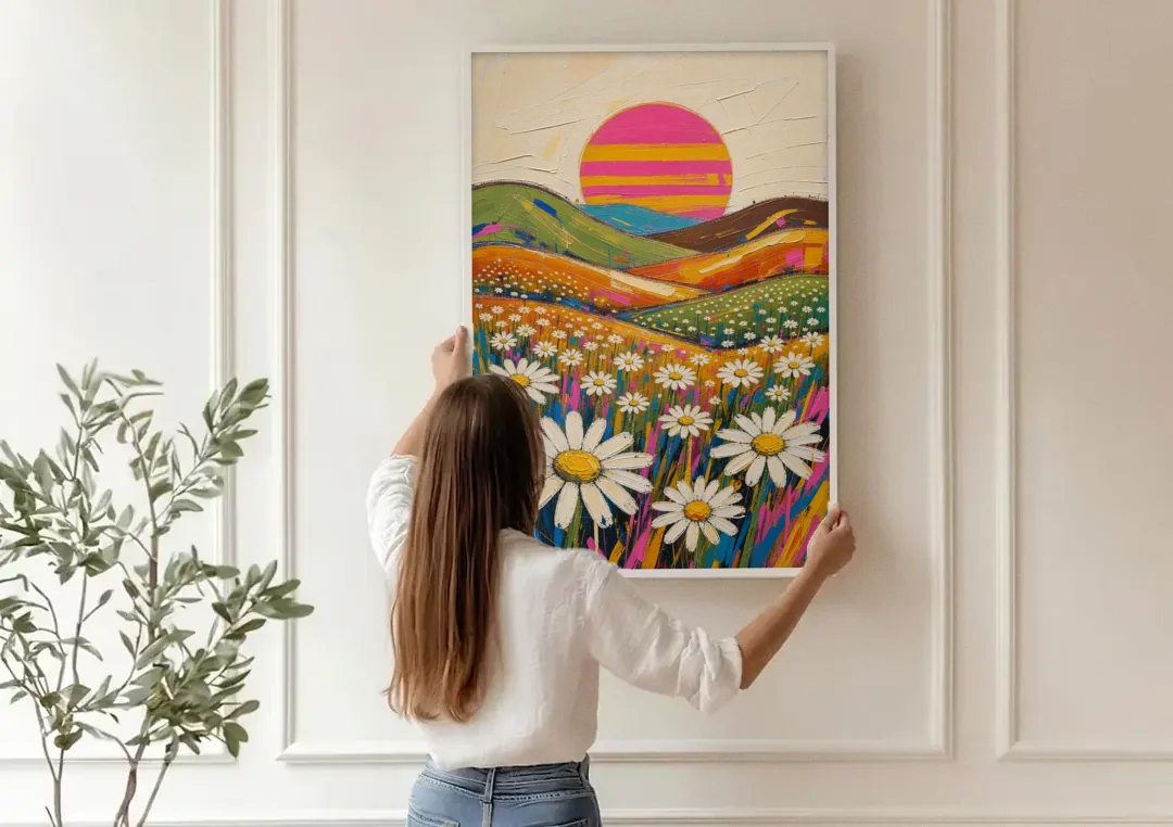 Retro Daisy Hills Under a Striped Sun for Living Rooms canvas wall art being hung on a paneled wall