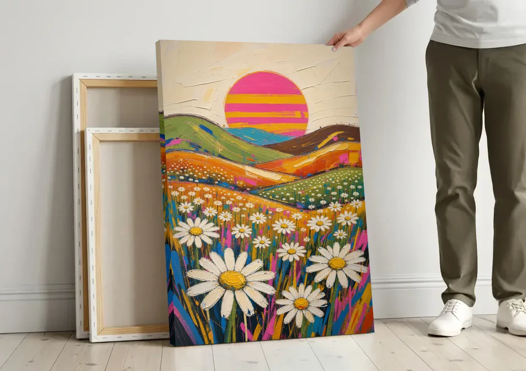 Retro Daisy Hills Under a Striped Sun for Living Rooms canvas wall art leaning against a wall next to blank canvases