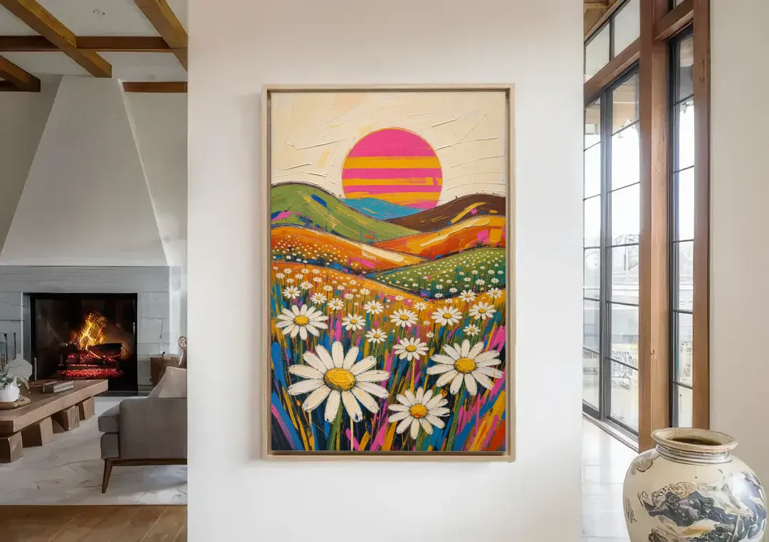 Retro Daisy Hills Under a Striped Sun for Living Rooms canvas wall art in a living room with a fireplace