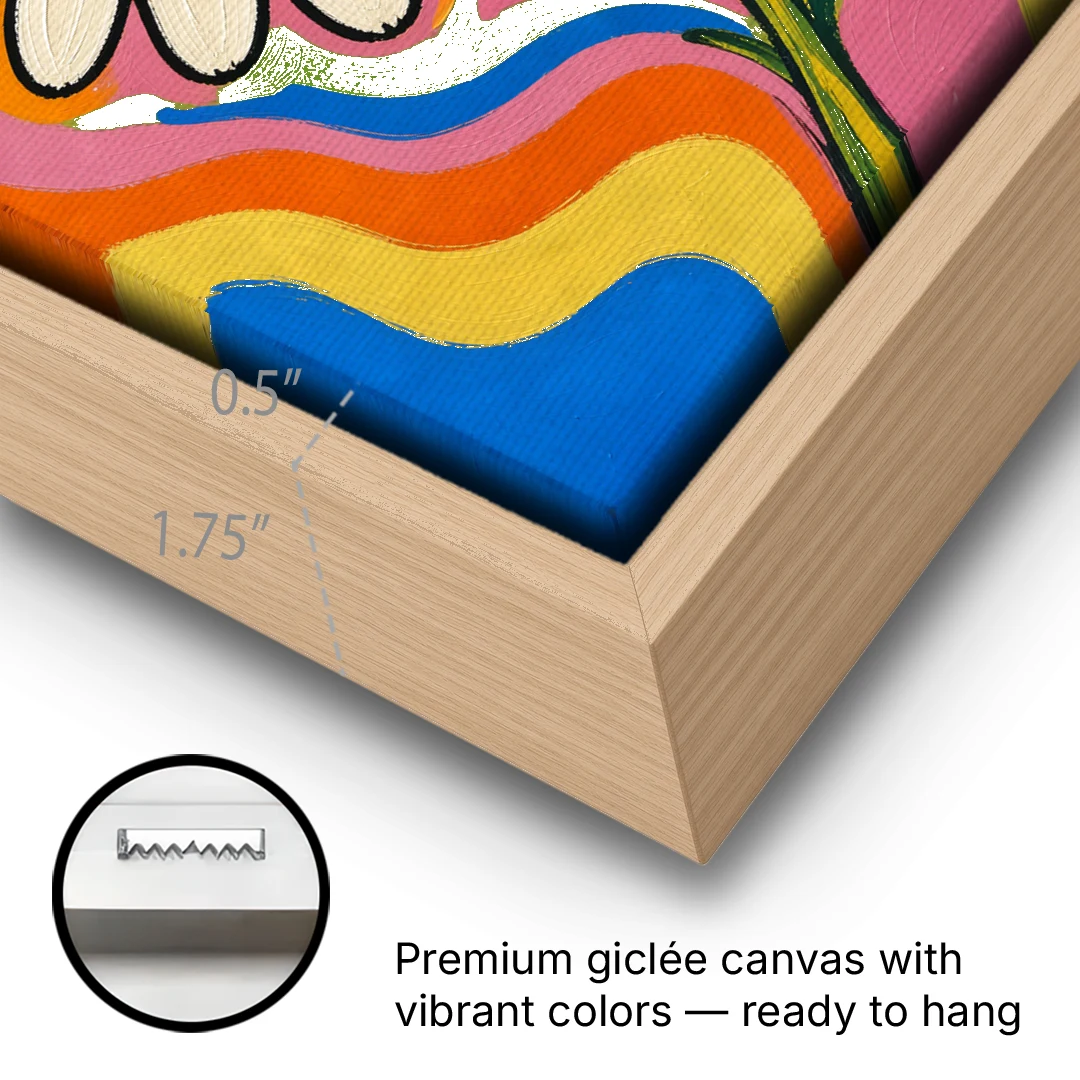 Retro Daisy on Psychedelic Waves - Oak Framed Canvas Wall Art - Gallery Wrap Corner