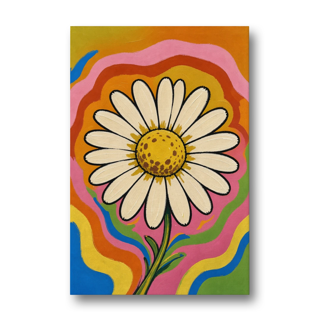 Retro Daisy on Psychedelic Waves - Canvas Wall Art - Front
