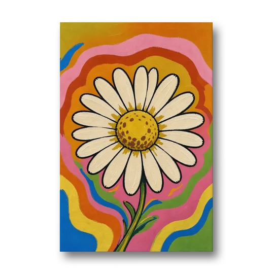 Retro Daisy on Psychedelic Waves - Canvas Wall Art - Front