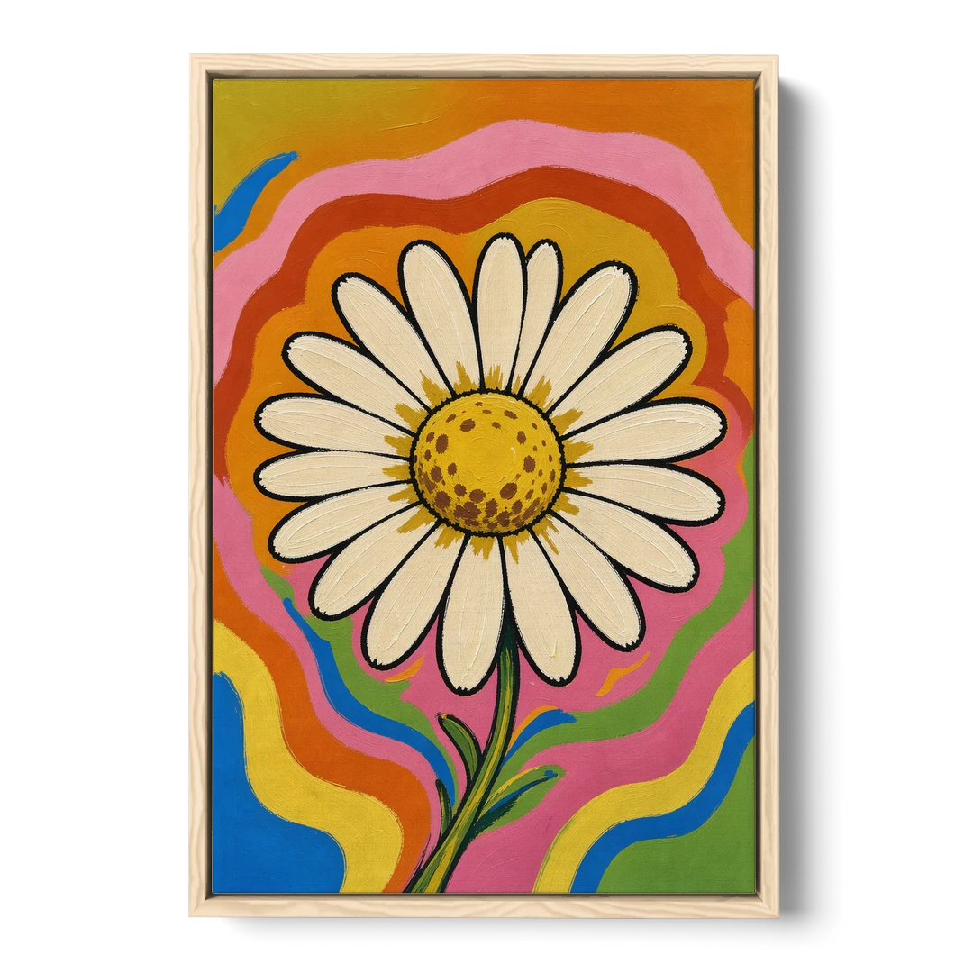 Retro Daisy on Psychedelic Waves - Oak Framed Canvas Wall Art - Front