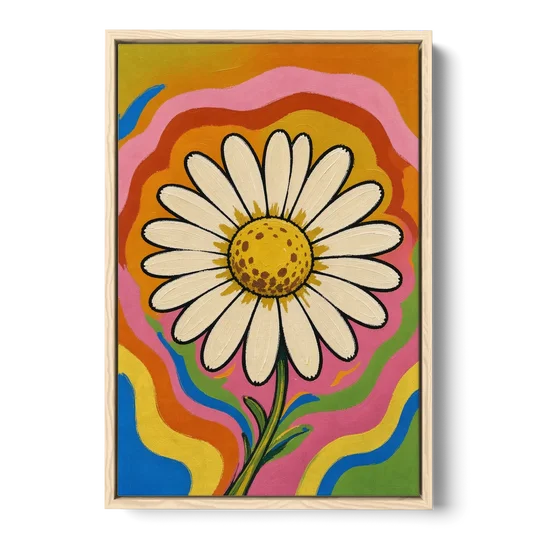 Retro Daisy on Psychedelic Waves - Oak Framed Canvas Wall Art - Front