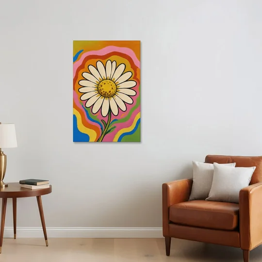 Retro Daisy on Psychedelic Waves - Canvas Wall Art - Sofa - 24x36
