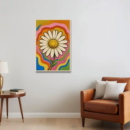 Retro Daisy on Psychedelic Waves - Oak Framed Canvas Wall Art - Sofa - 24x36