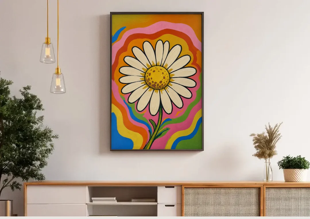 Retro Daisy on Psychedelic Waves canvas wall art above a wooden sideboard under pendant lights