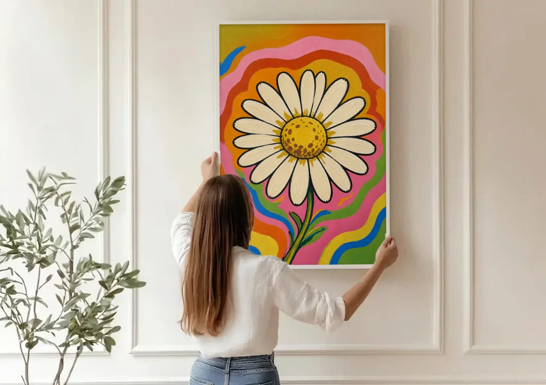 Retro Daisy on Psychedelic Waves canvas wall art being hung on a paneled wall