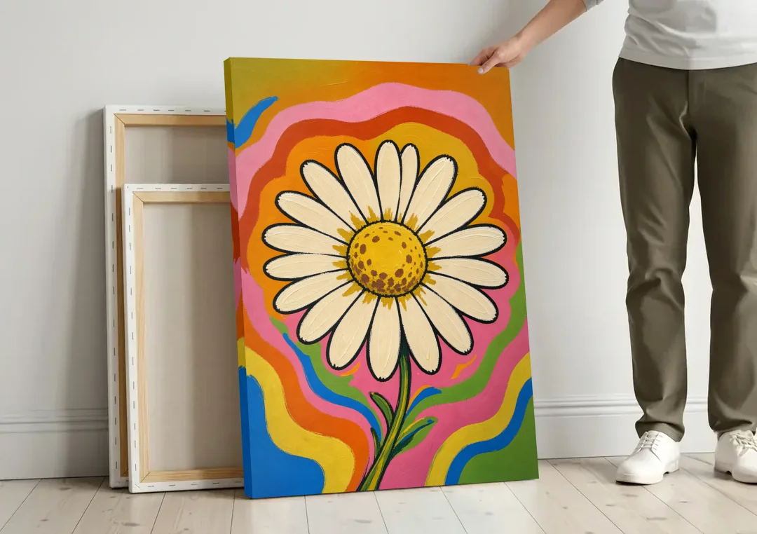 Retro Daisy on Psychedelic Waves canvas wall art leaning against a wall next to blank canvases