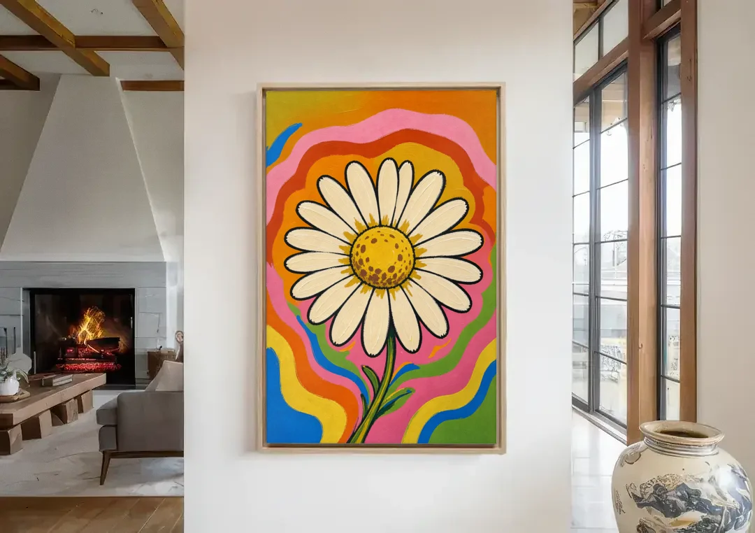 Retro Daisy on Psychedelic Waves canvas wall art in a living room with a fireplace