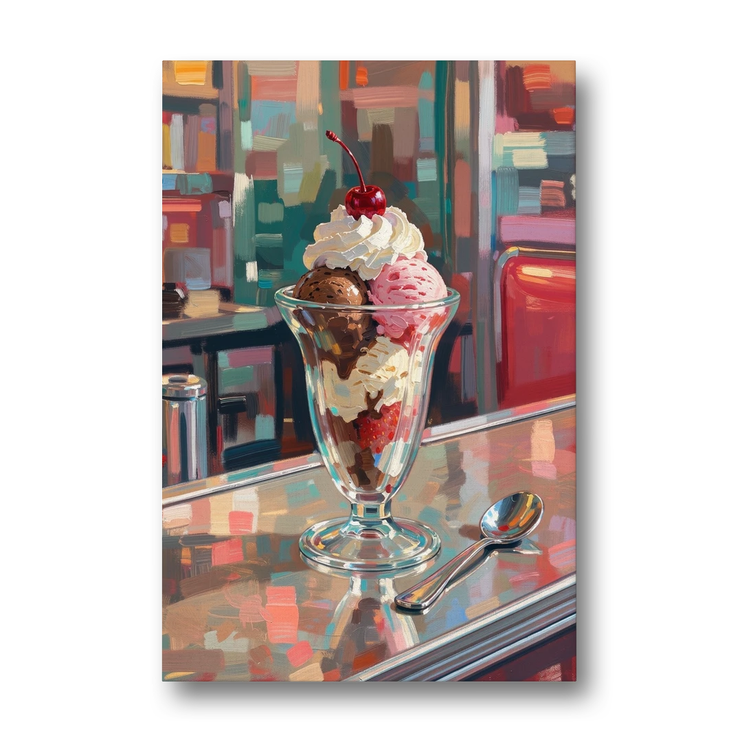 Retro Diner Decor Sundae on the Counter - Canvas Wall Art - Front