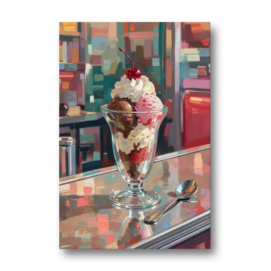 Retro Diner Decor Sundae on the Counter - Canvas Wall Art - Front