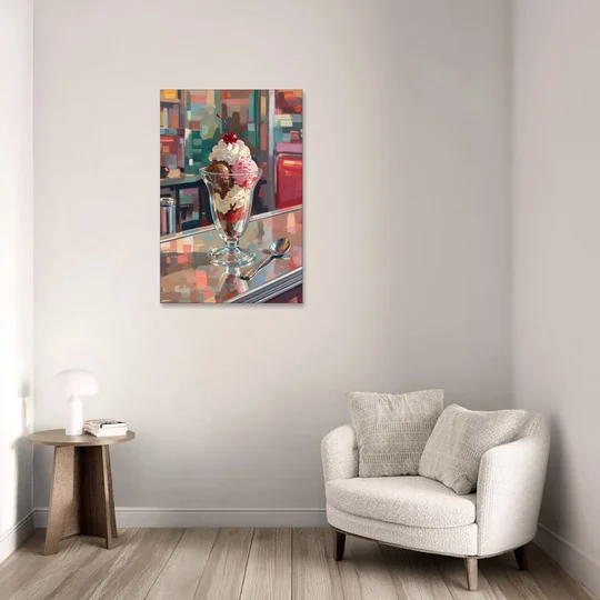 Retro Diner Decor Sundae on the Counter - Canvas Wall Art - Sofa - 24x36