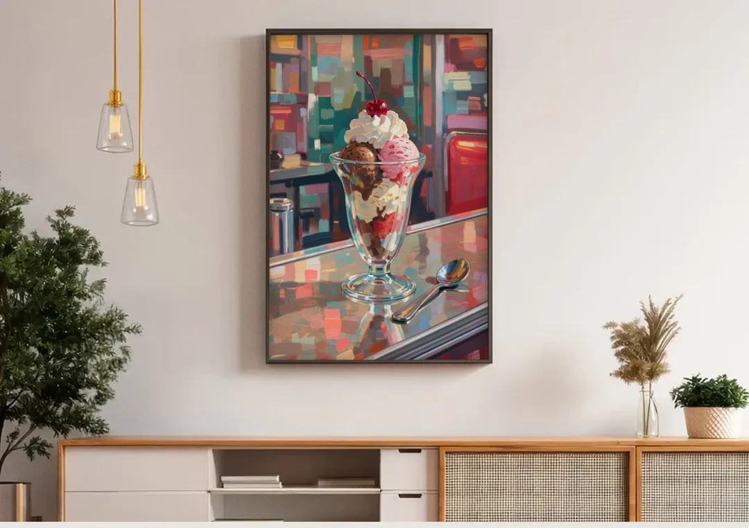 Retro Diner Decor Sundae on the Counter canvas wall art above a wooden sideboard under pendant lights